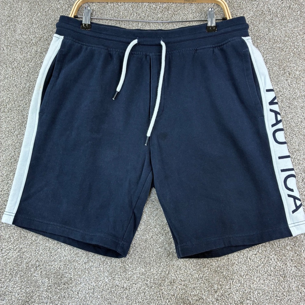 Nautica Size L Sweat Shorts Navy Logo Side Stripe Coastal Preppy Y2K Athleisure